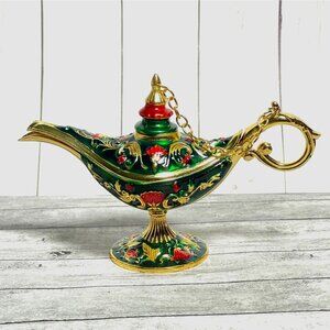 Aladdin Lamp Trinket Box Jewel Tones Enameled over Gold-Tone